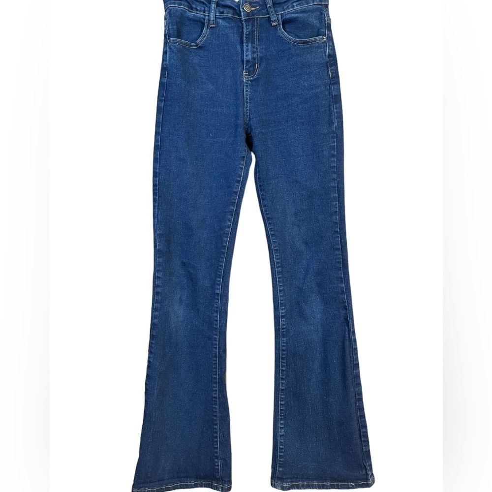 KDF High Rise Stretch Flair Blue Denim High Waisted Jeans - Picture 2 of 8